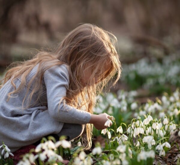 Kind kniet in einem Beet und entdeckt Schneeglöckchen beim Gärtnern mit Kindern im Februar