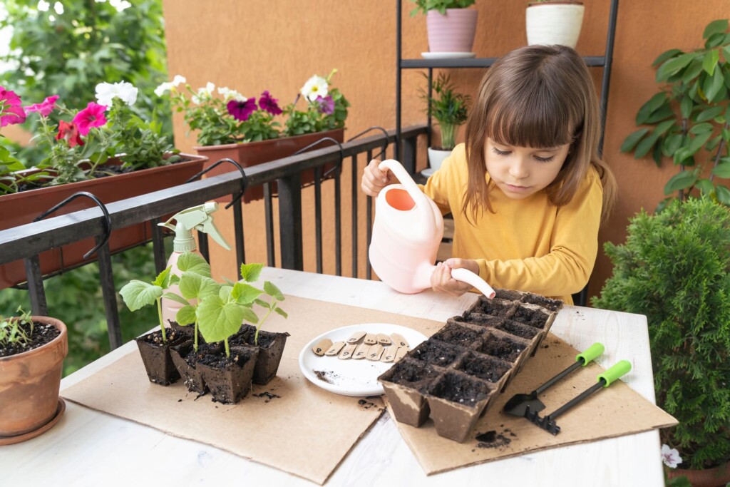 Kind gießt junge Pflanzen auf dem Balkon beim Gärtnern im April