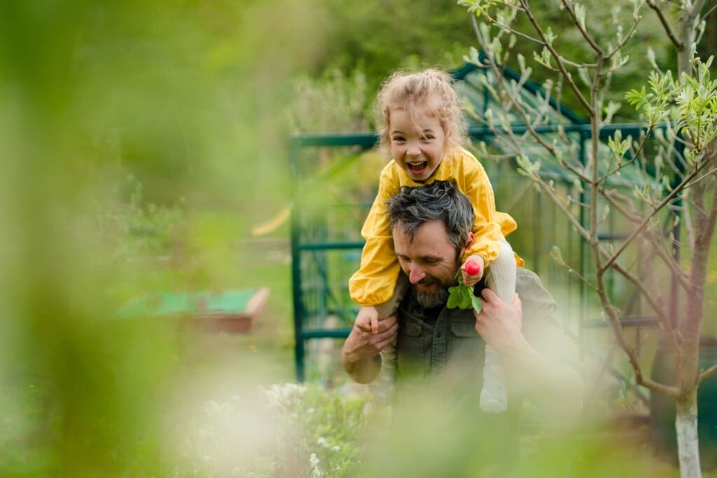 Lachender Vater trägt Tochter auf den Schultern, die stolz ein geerntetes Radieschen zeigt.
