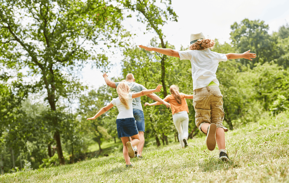 Familie spielt gemeinsam mit Kindern auf einer Sommerwiese im Garten