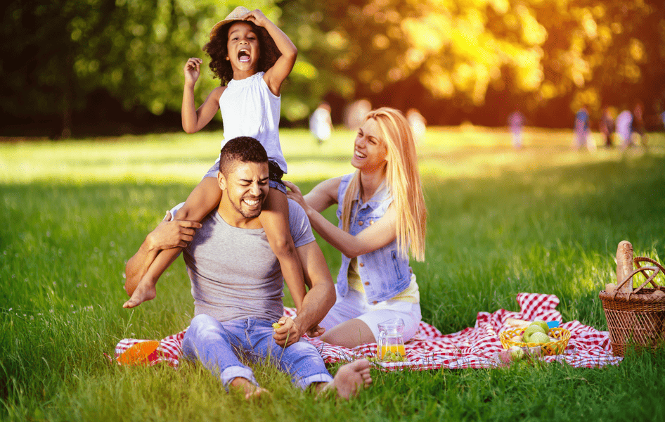 Eine Familie genießt ein gemeinsames Picknick auf einer grünen Wiese im Sommer.